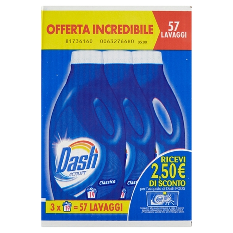Dash Detersivo Liquido Lavatrice Classico 57 Lavaggi, 3x19 Lavaggi